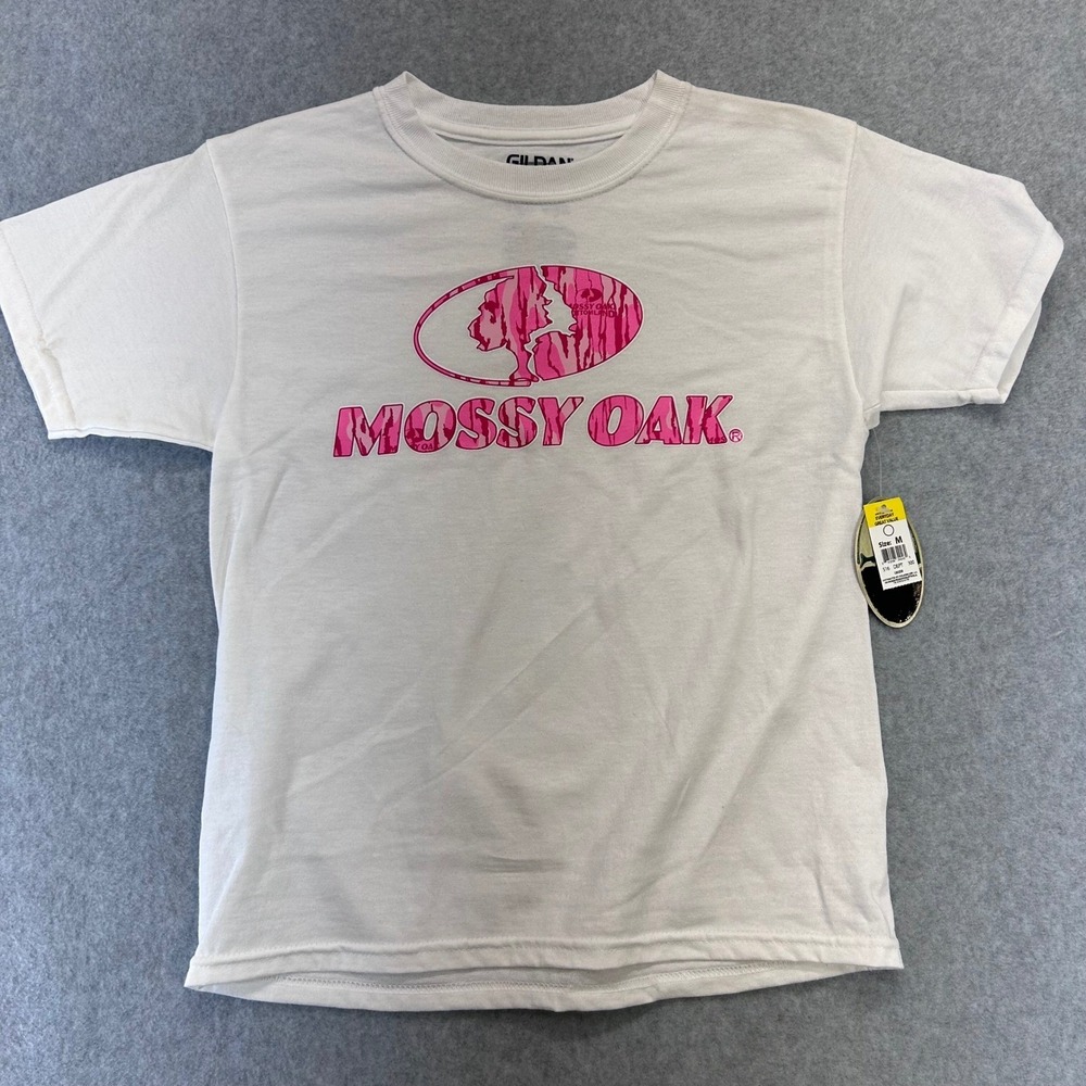 Pink Camo Logo Kids White Mossy Oak Gildan T-Shirt DryBlend Size M 908